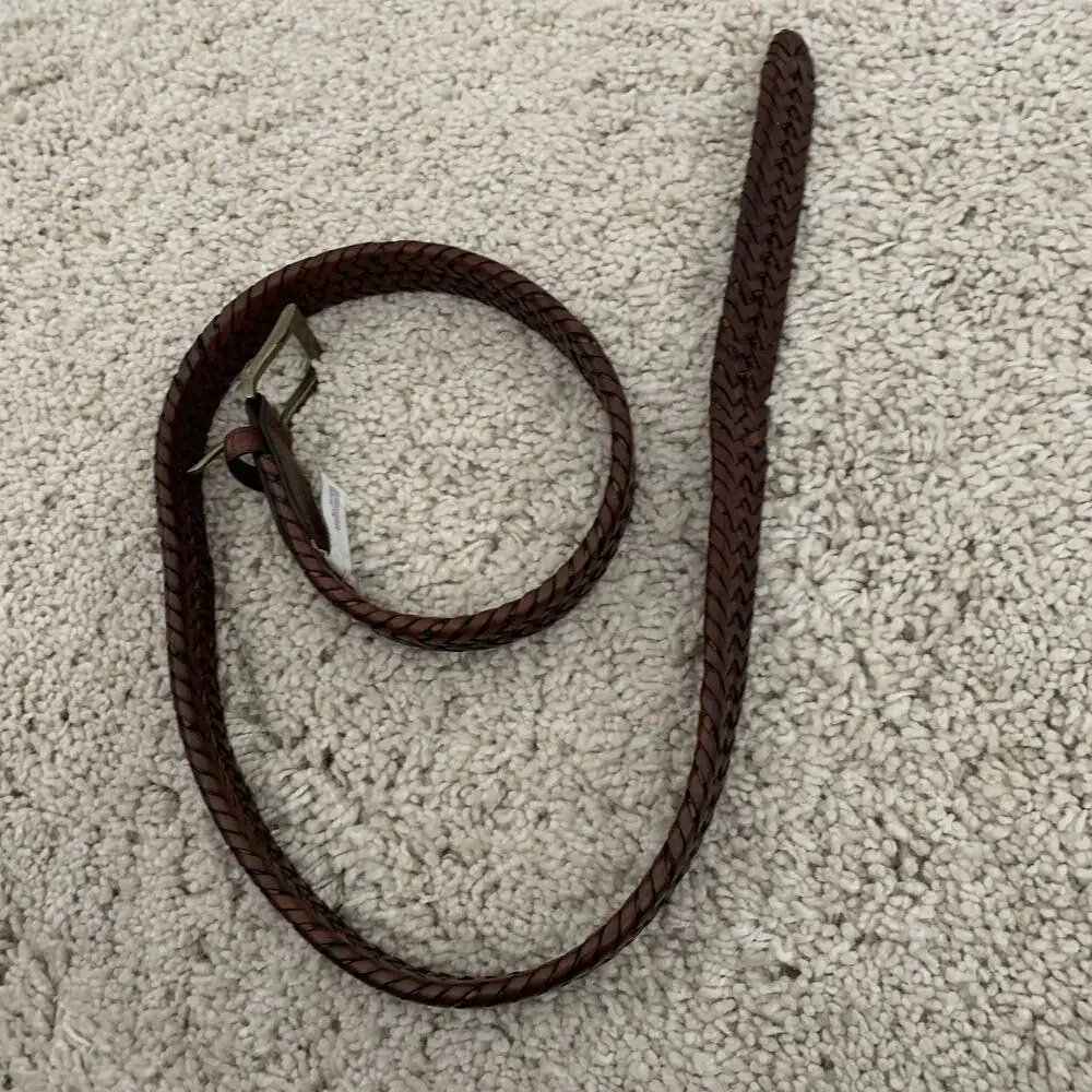 Lands’ End Leather Braided Belt Mens Sz 42 Brown Brass Buckle Adjustable